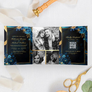 Königlich blaue goldene Blumenmarmor-QR-Code-Hochz Dreifach Gefaltete Einladung