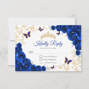Königlich Blaue Goldene Florale Quinceanera-Antwor RSVP Karte