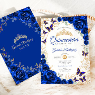 Königlich Blaue Goldene Florale Quinceanera Einladung