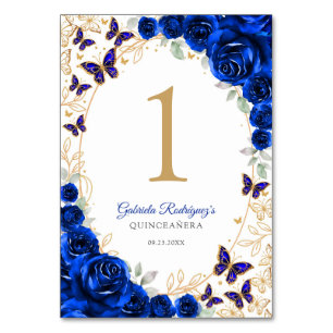 Königlich Blaue Goldene Florale Quinceanera Tischnummer
