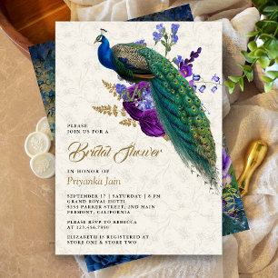 Königlich blaue lila Blumen-Pfau-Brautparty Einladung