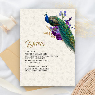 Königlich blaue lila Blumen-Pfau-Hochzeitsdetails Begleitkarte