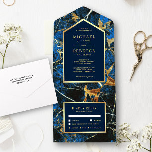 Königlich blaue Marmor-Hochzeit mit falscher Goldf All In One Einladung