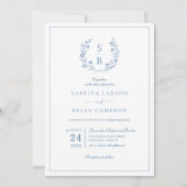 Königlich blaue Monogramm-Kranz-QR-Code-Hochzeit Einladung (Vorderseite)