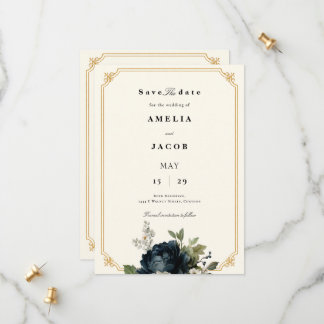 Königlich blaue Pfingstrosen-Hochzeit mit goldenem Save The Date