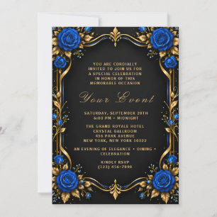 Königlich blaue Rose schwarze goldene Hochzeitsein Einladung