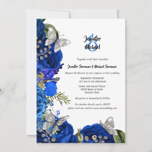 Königlich blaue Rose, Silberschmetterling-Peeling Einladung (Vorderseite)
