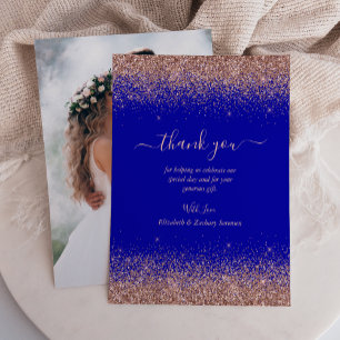 Königlich blaue Roségold-Glitter-Foto-Hochzeit Dankeskarte