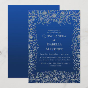 Königlich Blaue Silber Blumen Quinceañera Sweet 15 Einladung