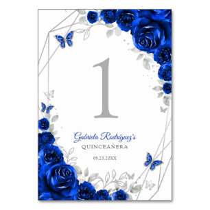 Königlich Blaue Silber Blumen Quinceanera Tischnummer