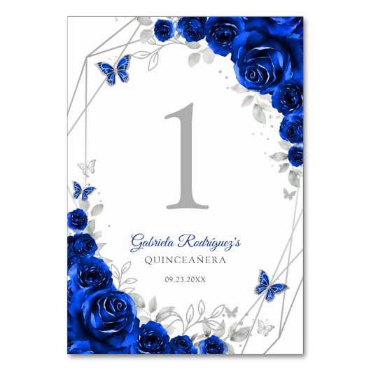 Königlich Blaue Silber Blumen Quinceanera Tischnummer (Vorderseite)