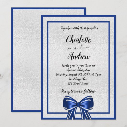 Königlich-blaue Silberbogen-Hochzeit Einladung (Vorne/Hinten)