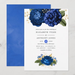 Königlich Blaue und Goldene Florale Hochzeit Einladung