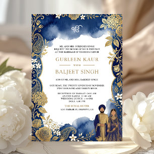 Königlich Blaue Wasserfarbe Gold Paisley Sikh-Hoch Einladung