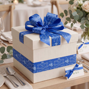 Königlich Blaue Weiße Florale Monogramm-Hochzeit Satinband