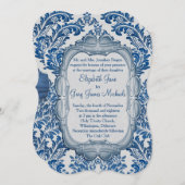 Königlich blauer Damastenmonogramm Wedding Invite Einladung (Vorne/Hinten)