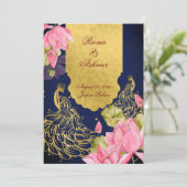 Königlich blaues Pfau Rosa Lotus Indische Hochzeit Einladung (Stehend Vorderseite)
