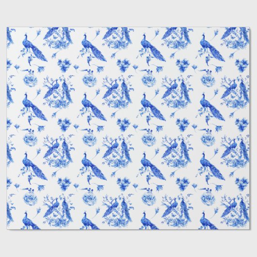 Königlich blaues Pfauenchinoismustermuster Geschenkpapier (Flach)