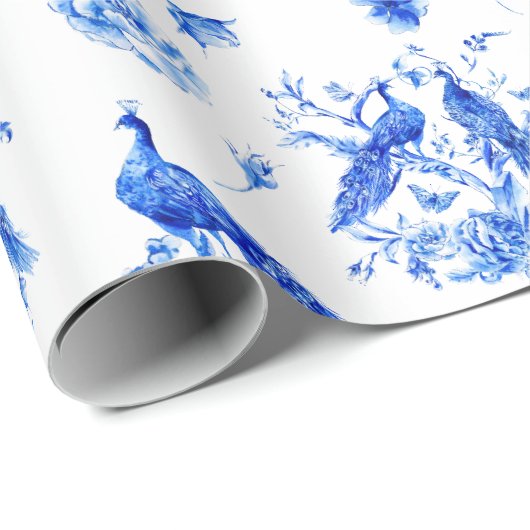 Königlich blaues Pfauenchinoismustermuster Geschenkpapier (Rolleneckpunkt)