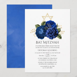 Königlich Blaues und Goldenes Florales Bat Mizwa-F Einladung