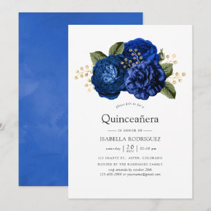 Königlich Blaues und Goldenes Florales Quinceañera Einladung