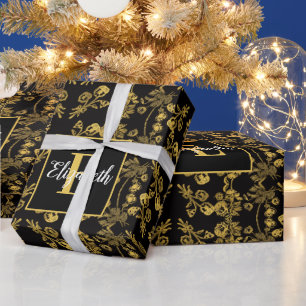 Königlich Schwarz & Gold Damast Blumenmuster mit i Geschenkpapier