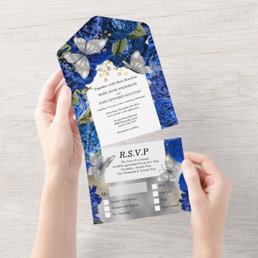 Königlich-Silberschmetterling-Schimmer-Glitzer-Ros All In One Einladung (Abreißen)