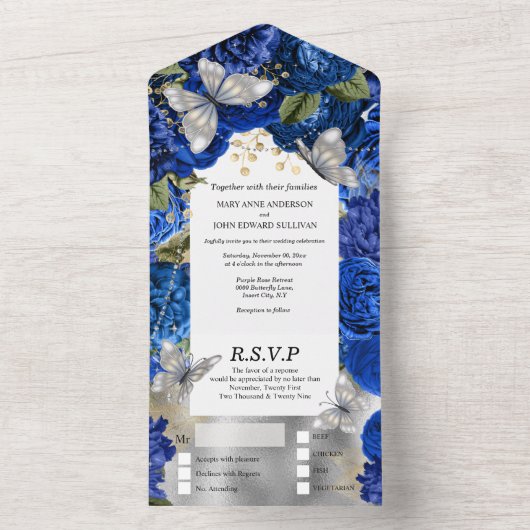 Königlich-Silberschmetterling-Schimmer-Glitzer-Ros All In One Einladung (Innen Boden)