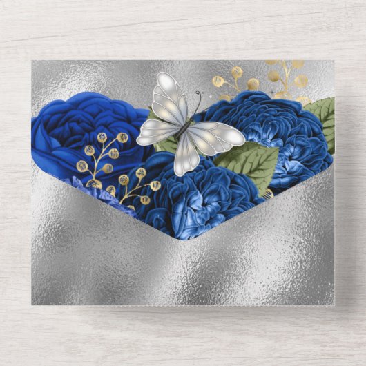 Königlich-Silberschmetterling-Schimmer-Glitzer-Ros All In One Einladung (Rückseite)