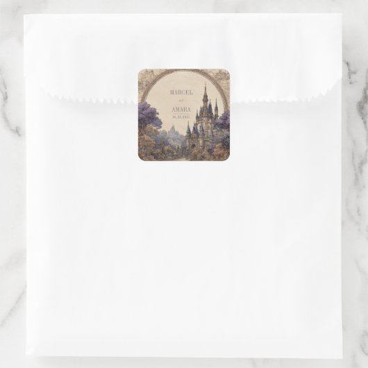 Königlich verzaubertes Schloss Hochzeit Quadratischer Aufkleber (Tasche)