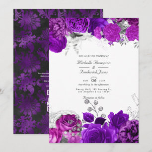 Königlich Violette & Silberne Blumige Hochzeit QR Einladung