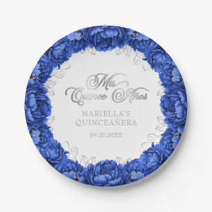 Königliche blaue Blumen-Quinceanera Pappteller
