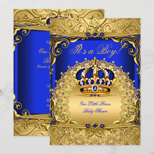 Königliche Blaue Damast Goldene Krone Baby Shower  Einladung