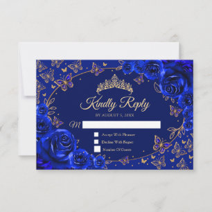 Königliche Blaue Goldene Quinceanera-Antwort RSVP Karte