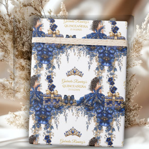 Königliche blaue goldene Tiara Floral Quinceañera Geschenkpapier
