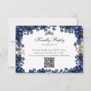 Königliche blaue goldene Tiara Floral Quinceañera RSVP Karte