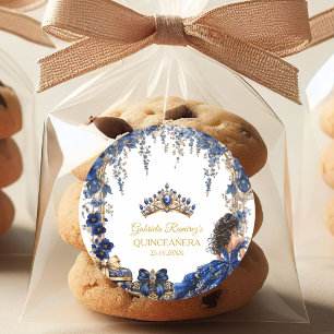 Königliche blaue goldene Tiara Floral Quinceañera Runder Aufkleber