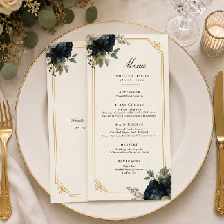 Königliche Blaue Pfingstrosen-Hochzeit mit goldene Menükarte
