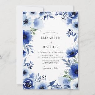 Königliche Blaue Pinselstrich-Blüten-Hochzeit Einladung