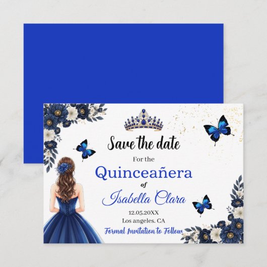 Königliche Blaue Schmetterling Quinceañera Save-th Save The Date (Vorne/Hinten)