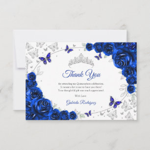 Königliche Blaue Silber Blumen Quinceanera Dankeskarte