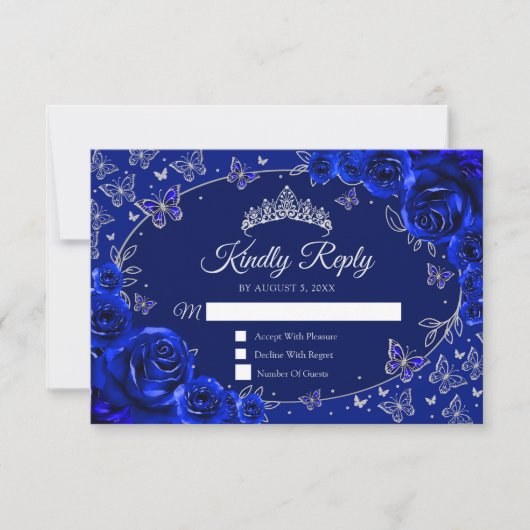 Königliche Blaue Silber-Quinceanera-Antwort RSVP Karte (Vorderseite)