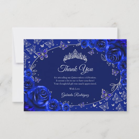 Königliche Blaue Silber Quinceanera Dankeskarte (Vorderseite)