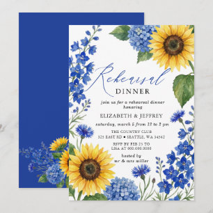 Königliche Blaue Sonnenblumen Florale Probe Dinner Einladung