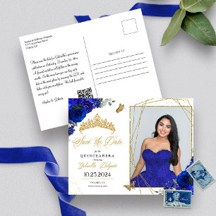 Königliche blaue und goldene Tiara Quinceañera Fot Postkarte