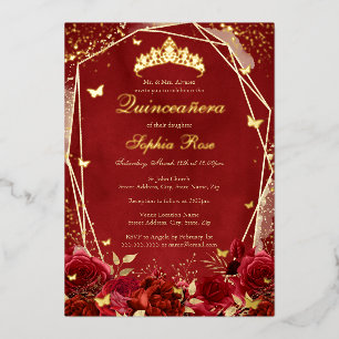 Königliche Blume Gold Rote Tiara Quinceanera Folieneinladung