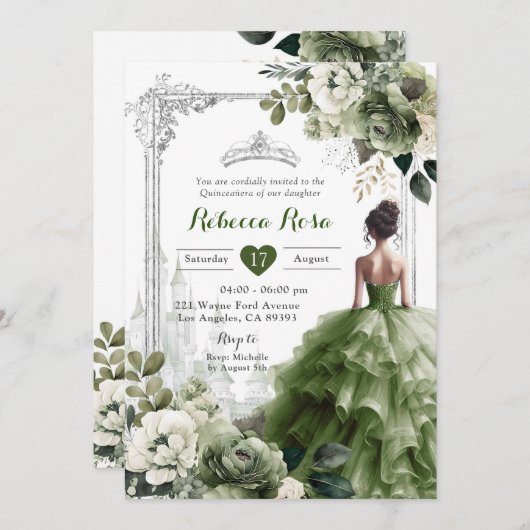 Königliche Burg Prinzessin Silver Sage Green 15 Añ Einladung (Vorne/Hinten)