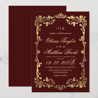 Königliche Burgunder Gold-Rosen-Hochzeit von Einladung