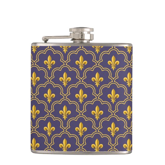 Königliche Fleur-de-Lis Lila und Gold Muster Flachmann (Vorderseite)