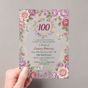 Königliche Goldene Florale Kolibri 100. Geburtstag Acryleinladungen